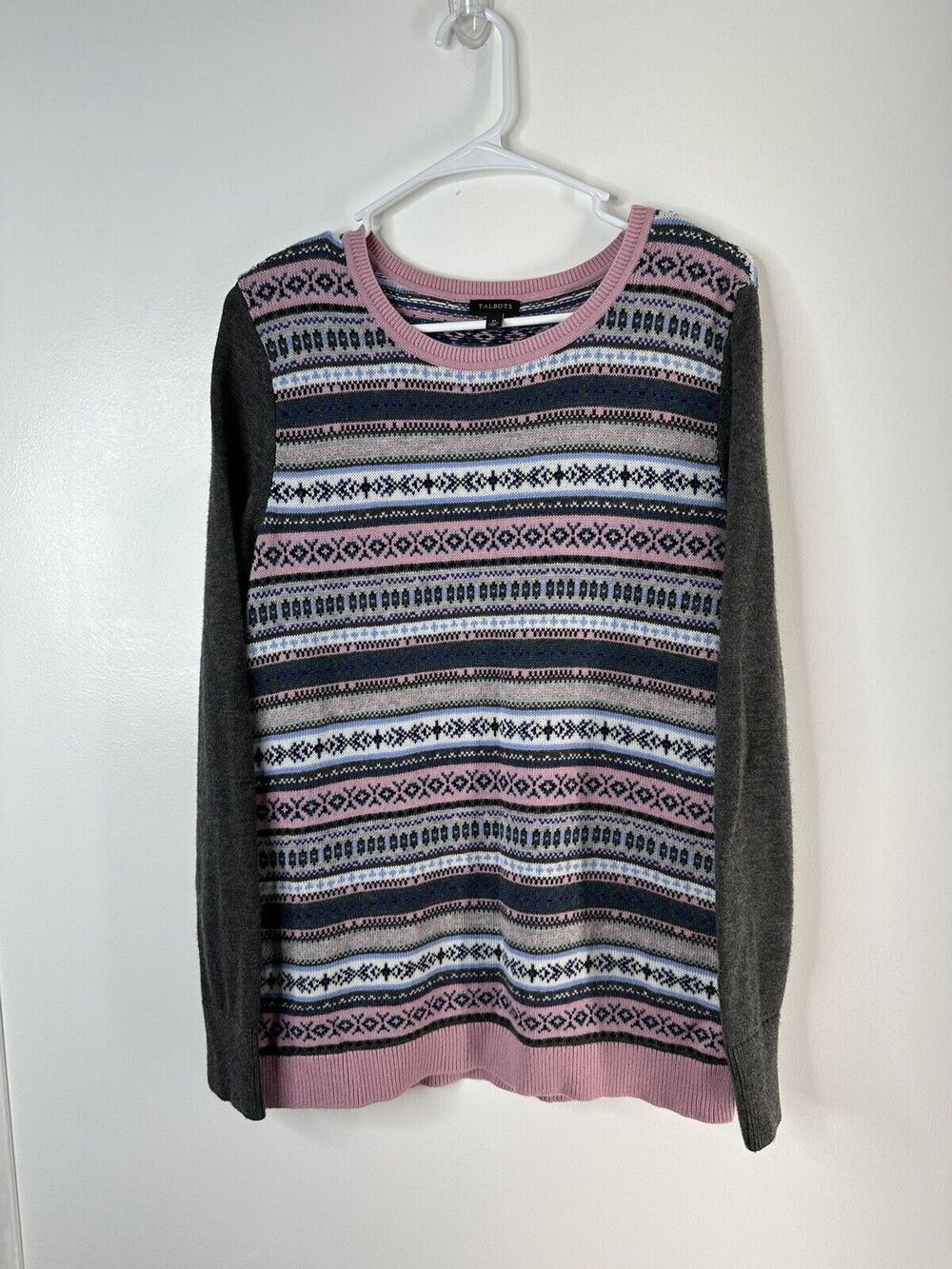 Women’s Talbots Lambswool Blend Nordic Sweater Crew Neck Size Medium Pink Gray
